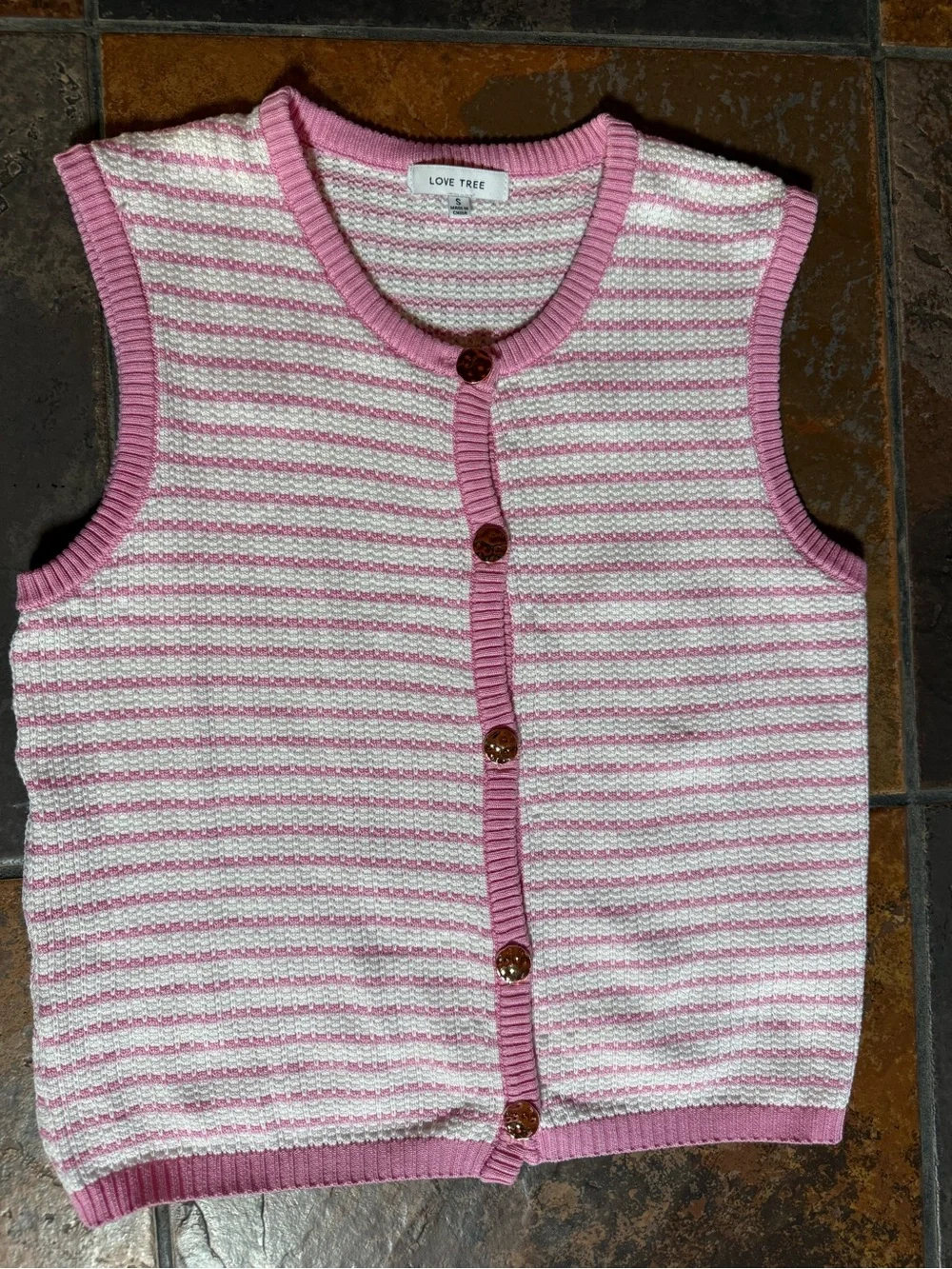 Love Tree Pink & White Striped Sleeveless Button Cardigan
